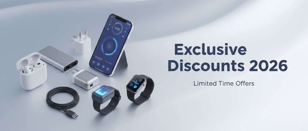 banner lateral, productos de tecnologia, diseño moderno sutil con titulo en ingles:  descuentos exclusivos 2026 